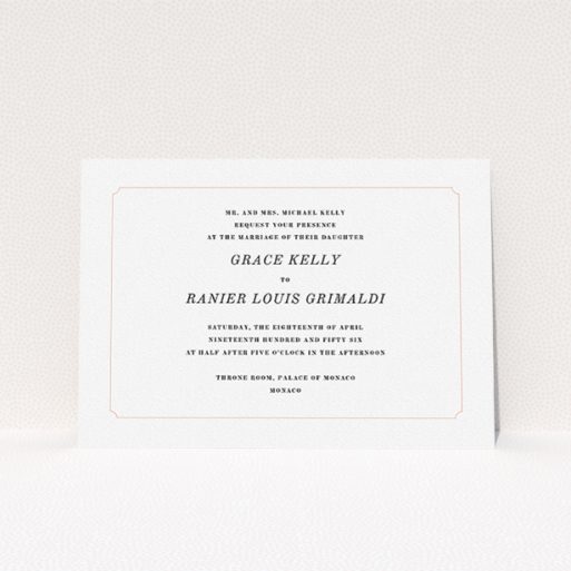 A personalised wedding invite called "Simple circle border". It is an A5 invite in a landscape orientation. "Simple circle border" is available as a flat invite, with tones of white and pink.