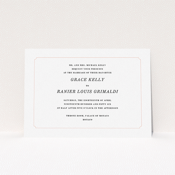 A personalised wedding invite called "Simple circle border". It is an A5 invite in a landscape orientation. "Simple circle border" is available as a flat invite, with tones of white and pink.