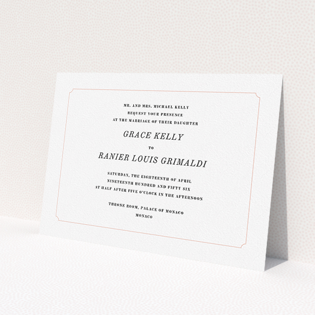 A personalised wedding invite called 'Simple circle border'. It is an A5 invite in a landscape orientation. 'Simple circle border' is available as a flat invite, with tones of white and pink.