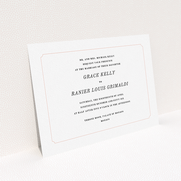 A personalised wedding invite called "Simple circle border". It is an A5 invite in a landscape orientation. "Simple circle border" is available as a flat invite, with tones of white and pink.