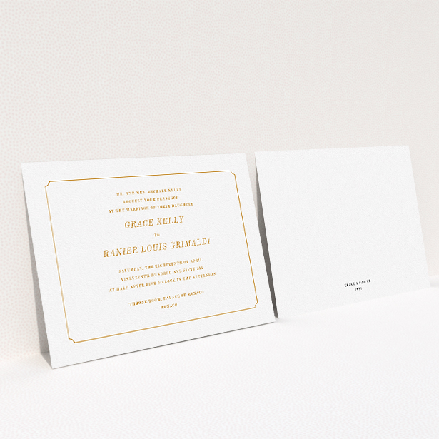 A personalised wedding invite named "Simple circle border". It is an A5 invite in a landscape orientation. "Simple circle border" is available as a flat invite, with tones of white and orange.