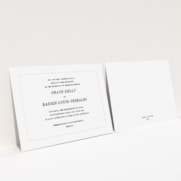A personalised wedding invite called "Simple circle border". It is an A5 invite in a landscape orientation. "Simple circle border" is available as a flat invite, with tones of white and pink.