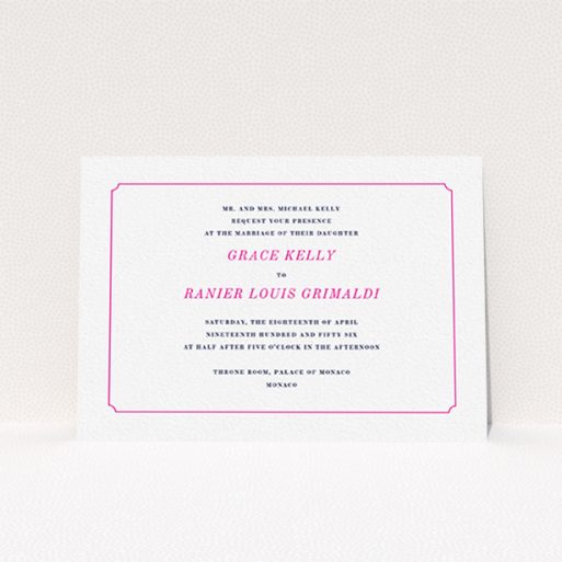 A personalised wedding invite design called "Simple circle border". It is an A6 invite in a landscape orientation. "Simple circle border" is available as a flat invite, with tones of white and pink.