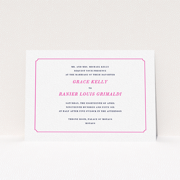A personalised wedding invite design called "Simple circle border". It is an A6 invite in a landscape orientation. "Simple circle border" is available as a flat invite, with tones of white and pink.