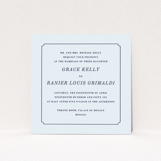A personalised wedding invite called "Simple circle border". It is a square (148mm x 148mm) invite in a square orientation. "Simple circle border" is available as a flat invite, with mainly light blue colouring.