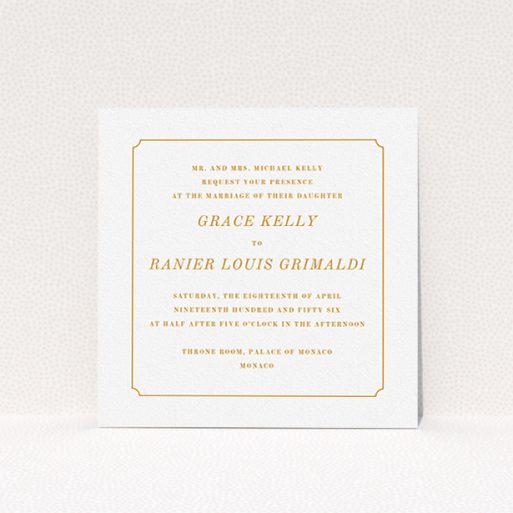 A personalised wedding invite design titled "Simple circle border". It is a square (148mm x 148mm) invite in a square orientation. "Simple circle border" is available as a flat invite, with tones of white and orange.