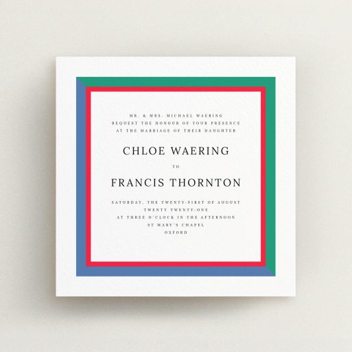 A personalised wedding invite design called "Simple Diagonal". It is a square (148mm x 148mm) invite in a square orientation. "Simple Diagonal" is available as a flat invite, with mainly green colouring.