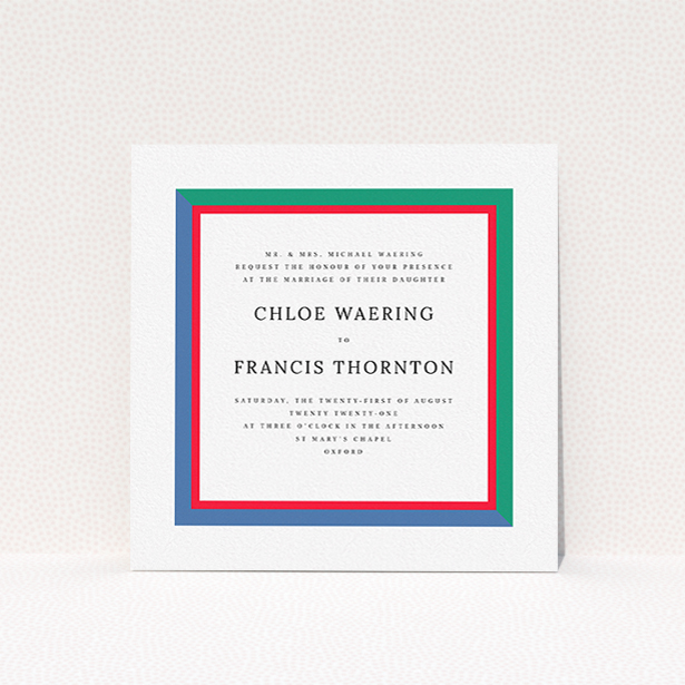 A personalised wedding invite design called "Simple Diagonal". It is a square (148mm x 148mm) invite in a square orientation. "Simple Diagonal" is available as a flat invite, with mainly green colouring.