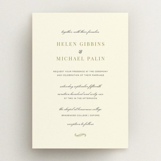A personalised wedding invite called "Simple flourish". It is an A5 invite in a portrait orientation. "Simple flourish" is available as a flat invite, with tones of cream and gold.