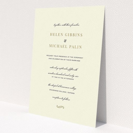 A personalised wedding invite called 'Simple flourish'. It is an A5 invite in a portrait orientation. 'Simple flourish' is available as a flat invite, with tones of cream and gold.