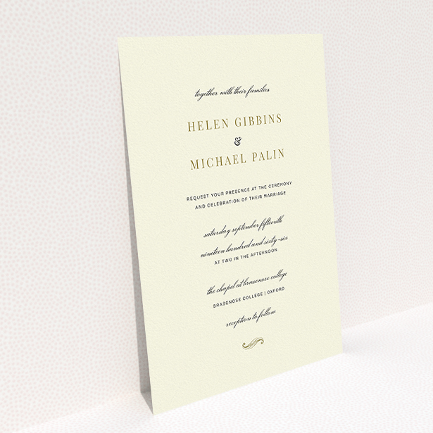 A personalised wedding invite called "Simple flourish". It is an A5 invite in a portrait orientation. "Simple flourish" is available as a flat invite, with tones of cream and gold.