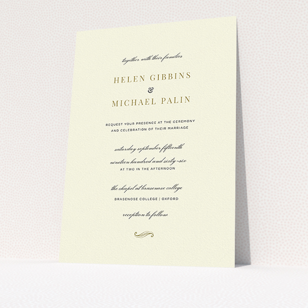A personalised wedding invite called "Simple flourish". It is an A5 invite in a portrait orientation. "Simple flourish" is available as a flat invite, with tones of cream and gold.