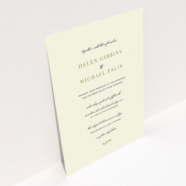 A personalised wedding invite called "Simple flourish". It is an A5 invite in a portrait orientation. "Simple flourish" is available as a flat invite, with tones of cream and gold.
