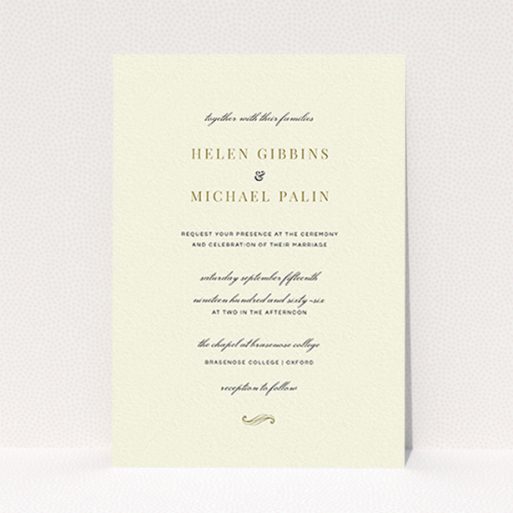 A personalised wedding invite named "Simple flourish". It is an A6 invite in a portrait orientation. "Simple flourish" is available as a flat invite, with tones of cream and gold.