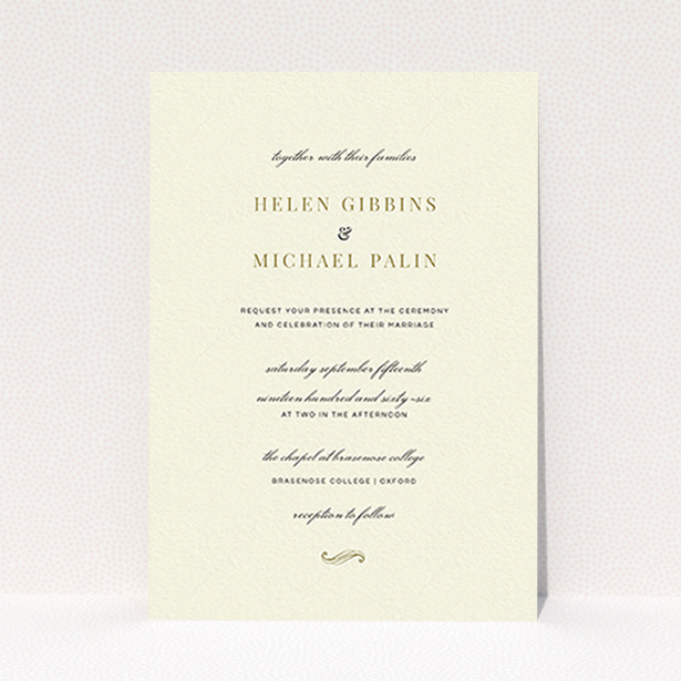 A personalised wedding invite named "Simple flourish". It is an A6 invite in a portrait orientation. "Simple flourish" is available as a flat invite, with tones of cream and gold.