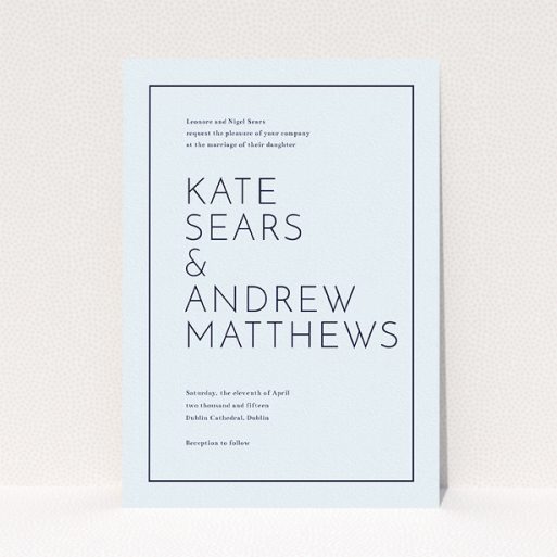 A personalised wedding invite template titled "Simple lines". It is an A5 invite in a portrait orientation. "Simple lines" is available as a flat invite, with mainly light blue colouring.