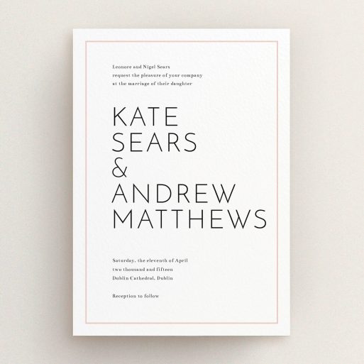 A personalised wedding invite called "Simple lines". It is an A5 invite in a portrait orientation. "Simple lines" is available as a flat invite, with tones of white and pink.
