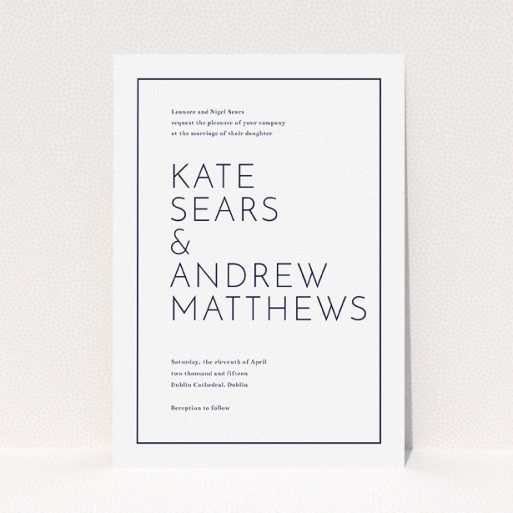 A personalised wedding invite design titled "Simple lines". It is an A5 invite in a portrait orientation. "Simple lines" is available as a flat invite, with mainly white colouring.