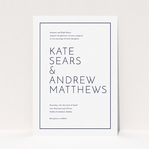 A personalised wedding invite design titled "Simple lines". It is an A5 invite in a portrait orientation. "Simple lines" is available as a flat invite, with mainly white colouring.