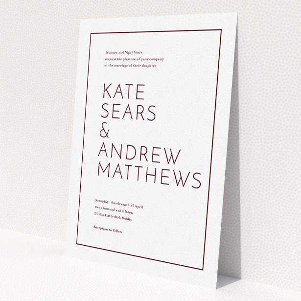 A personalised wedding invite design named 'Simple lines'. It is an A5 invite in a portrait orientation. 'Simple lines' is available as a flat invite, with tones of white and burgundy.