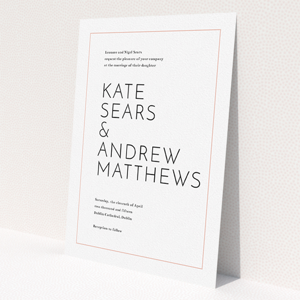 A personalised wedding invite called "Simple lines". It is an A5 invite in a portrait orientation. "Simple lines" is available as a flat invite, with tones of white and pink.