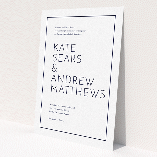 A personalised wedding invite design titled 'Simple lines'. It is an A5 invite in a portrait orientation. 'Simple lines' is available as a flat invite, with mainly white colouring.