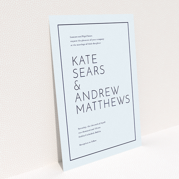 A personalised wedding invite template titled "Simple lines". It is an A5 invite in a portrait orientation. "Simple lines" is available as a flat invite, with mainly light blue colouring.