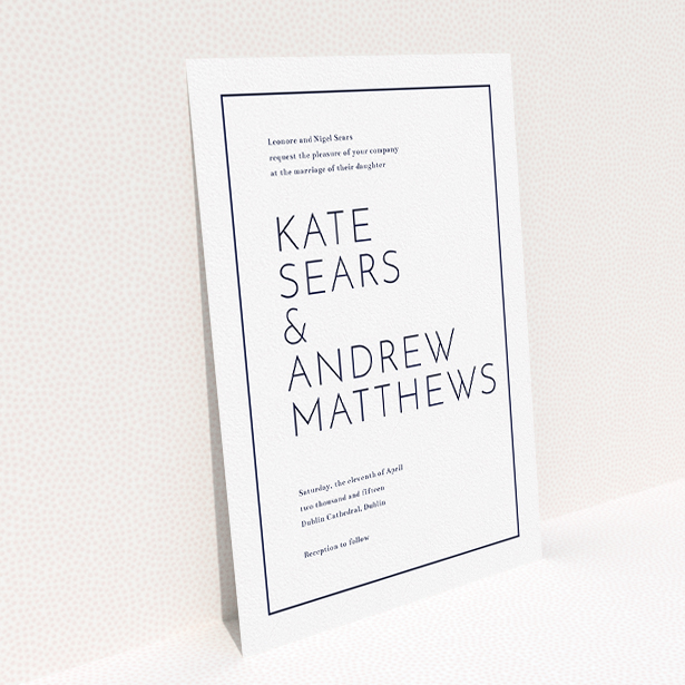 A personalised wedding invite design titled "Simple lines". It is an A5 invite in a portrait orientation. "Simple lines" is available as a flat invite, with mainly white colouring.