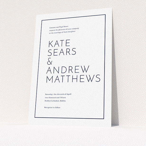 A personalised wedding invite design titled "Simple lines". It is an A5 invite in a portrait orientation. "Simple lines" is available as a flat invite, with mainly white colouring.