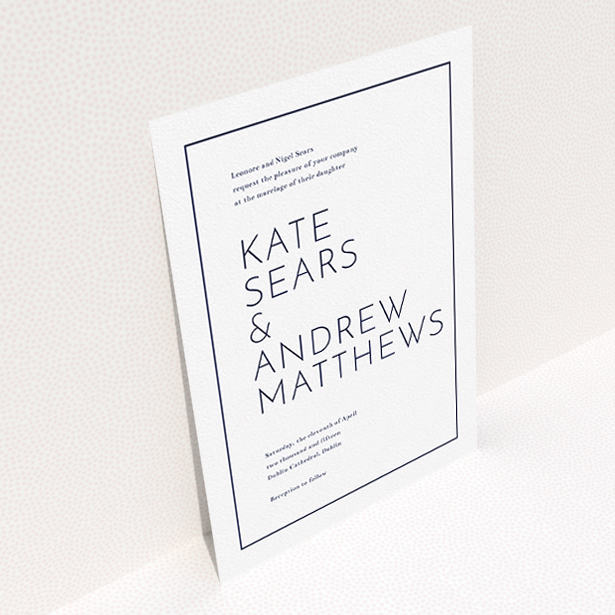A personalised wedding invite design titled "Simple lines". It is an A5 invite in a portrait orientation. "Simple lines" is available as a flat invite, with mainly white colouring.
