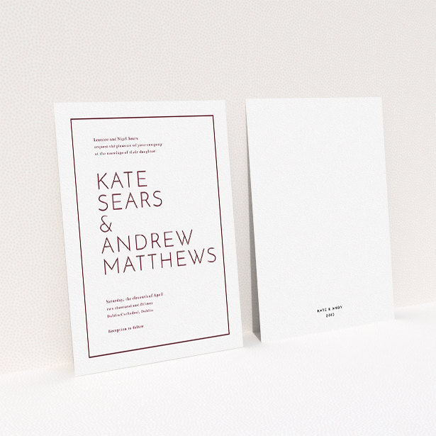 A personalised wedding invite design named "Simple lines". It is an A5 invite in a portrait orientation. "Simple lines" is available as a flat invite, with tones of white and burgundy.