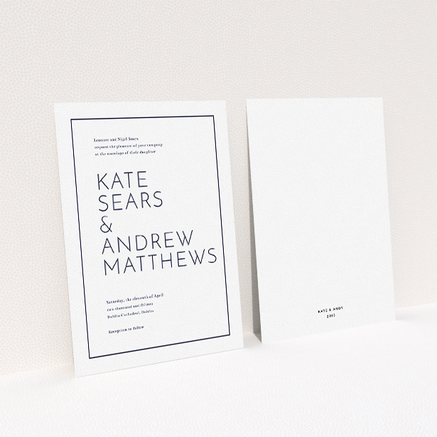 A personalised wedding invite design titled "Simple lines". It is an A5 invite in a portrait orientation. "Simple lines" is available as a flat invite, with mainly white colouring.