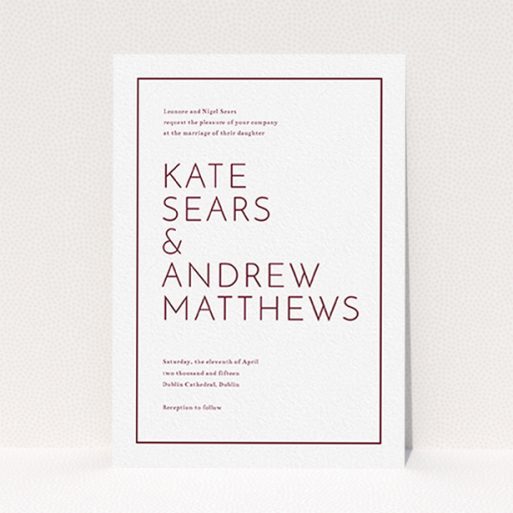 A personalised wedding invite template titled "Simple lines". It is an A6 invite in a portrait orientation. "Simple lines" is available as a flat invite, with tones of white and burgundy.