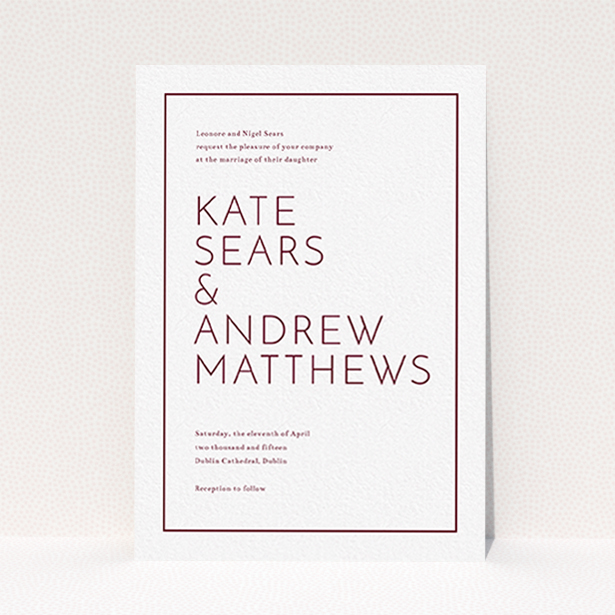 A personalised wedding invite template titled "Simple lines". It is an A6 invite in a portrait orientation. "Simple lines" is available as a flat invite, with tones of white and burgundy.