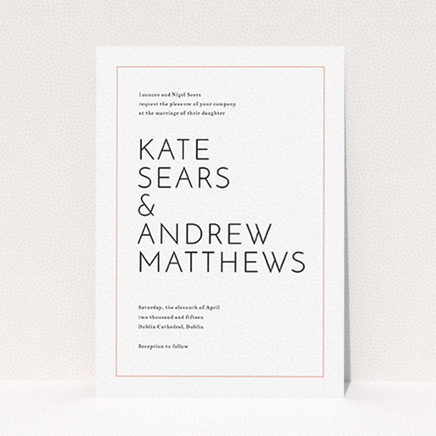 A personalised wedding invite named "Simple lines". It is an A6 invite in a portrait orientation. "Simple lines" is available as a flat invite, with tones of white and pink.