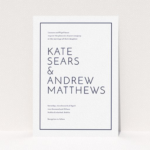 A personalised wedding invite design called "Simple lines". It is an A6 invite in a portrait orientation. "Simple lines" is available as a flat invite, with mainly white colouring.