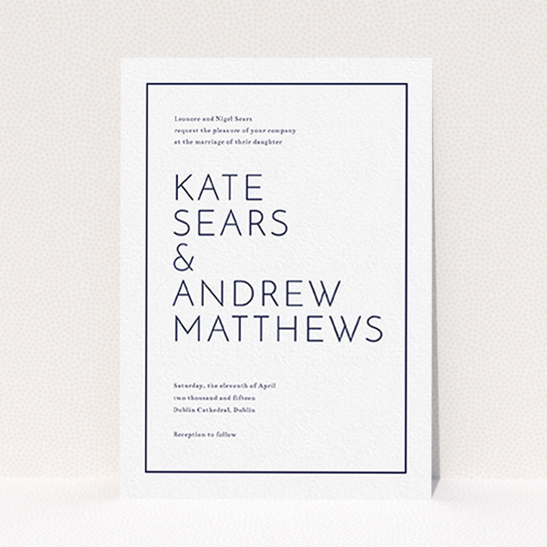 A personalised wedding invite design called "Simple lines". It is an A6 invite in a portrait orientation. "Simple lines" is available as a flat invite, with mainly white colouring.