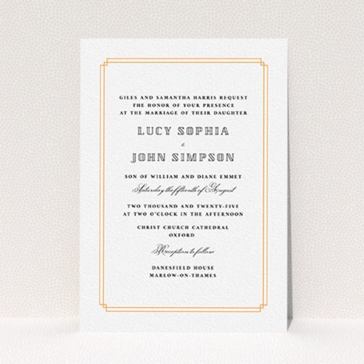 A personalised wedding invite called "Simplistic Notch Frame". It is an A6 invite in a portrait orientation. "Simplistic Notch Frame" is available as a flat invite, with tones of orange and white.