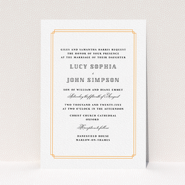 A personalised wedding invite called "Simplistic Notch Frame". It is an A6 invite in a portrait orientation. "Simplistic Notch Frame" is available as a flat invite, with tones of orange and white.