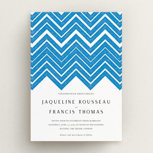 A personalised wedding invite design named "Skiapthos". It is an A5 invite in a portrait orientation. "Skiapthos" is available as a flat invite, with tones of blue and white.