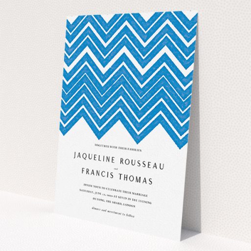 A personalised wedding invite design named 'Skiapthos'. It is an A5 invite in a portrait orientation. 'Skiapthos' is available as a flat invite, with tones of blue and white.