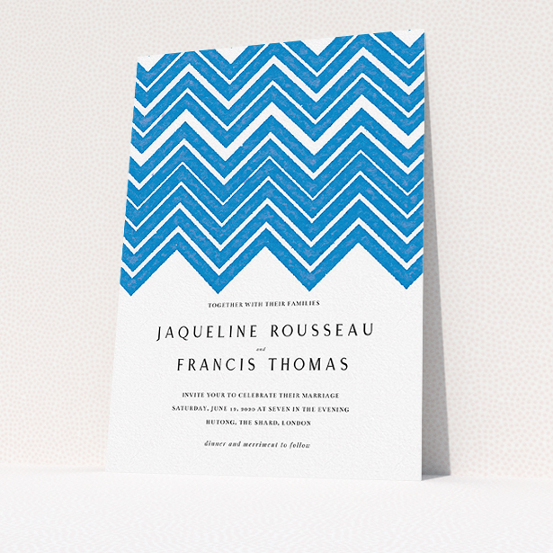 A personalised wedding invite design named "Skiapthos". It is an A5 invite in a portrait orientation. "Skiapthos" is available as a flat invite, with tones of blue and white.