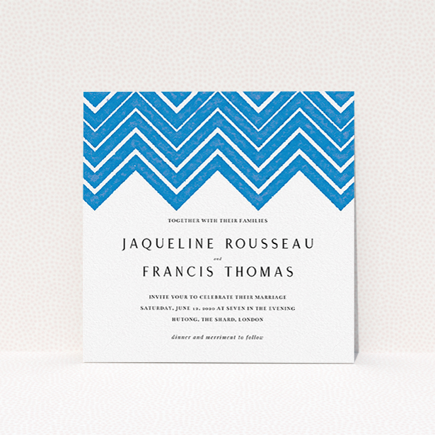 A personalised wedding invite design titled "Skiapthos". It is a square (148mm x 148mm) invite in a square orientation. "Skiapthos" is available as a flat invite, with tones of blue and white.