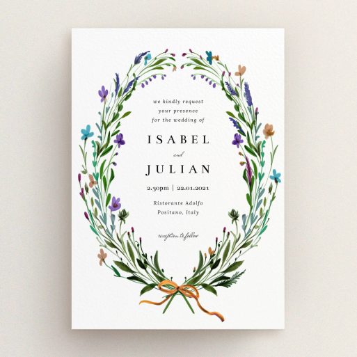 A personalised wedding invite design called "Spring Wreath". It is an A5 invite in a portrait orientation. "Spring Wreath" is available as a flat invite, with tones of green and purple.