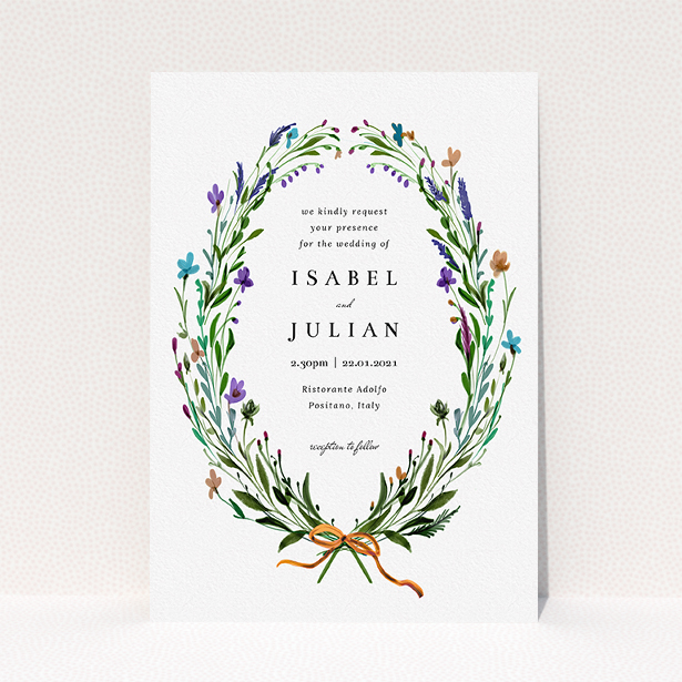 A personalised wedding invite design called "Spring Wreath". It is an A5 invite in a portrait orientation. "Spring Wreath" is available as a flat invite, with tones of green and purple.