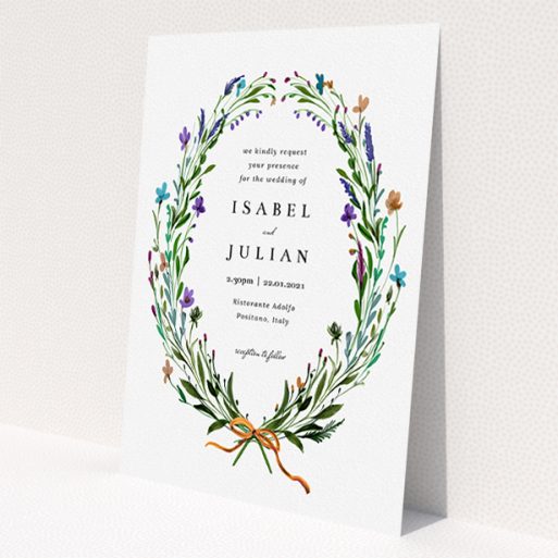 A personalised wedding invite design called 'Spring Wreath'. It is an A5 invite in a portrait orientation. 'Spring Wreath' is available as a flat invite, with tones of green and purple.