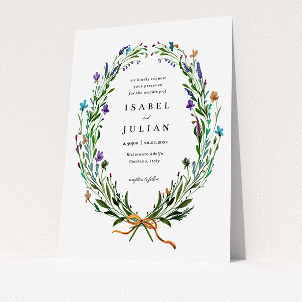 A personalised wedding invite design called "Spring Wreath". It is an A5 invite in a portrait orientation. "Spring Wreath" is available as a flat invite, with tones of green and purple.