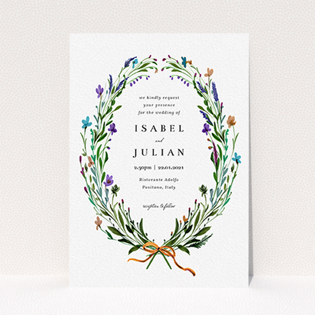 A personalised wedding invite design named "Spring Wreath". It is an A6 invite in a portrait orientation. "Spring Wreath" is available as a flat invite, with tones of green and purple.