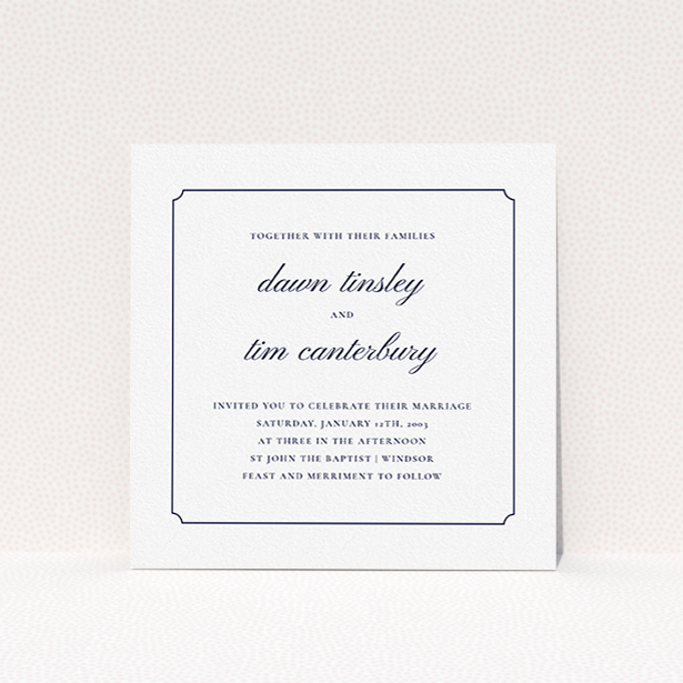 A personalised wedding invite design titled "Square slant". It is a square (148mm x 148mm) invite in a square orientation. "Square slant" is available as a flat invite, with mainly white colouring.