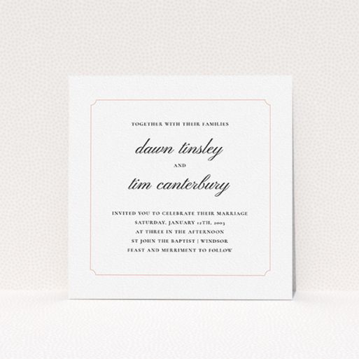 A personalised wedding invite design named "Square slant". It is a square (148mm x 148mm) invite in a square orientation. "Square slant" is available as a flat invite, with tones of white and pink.
